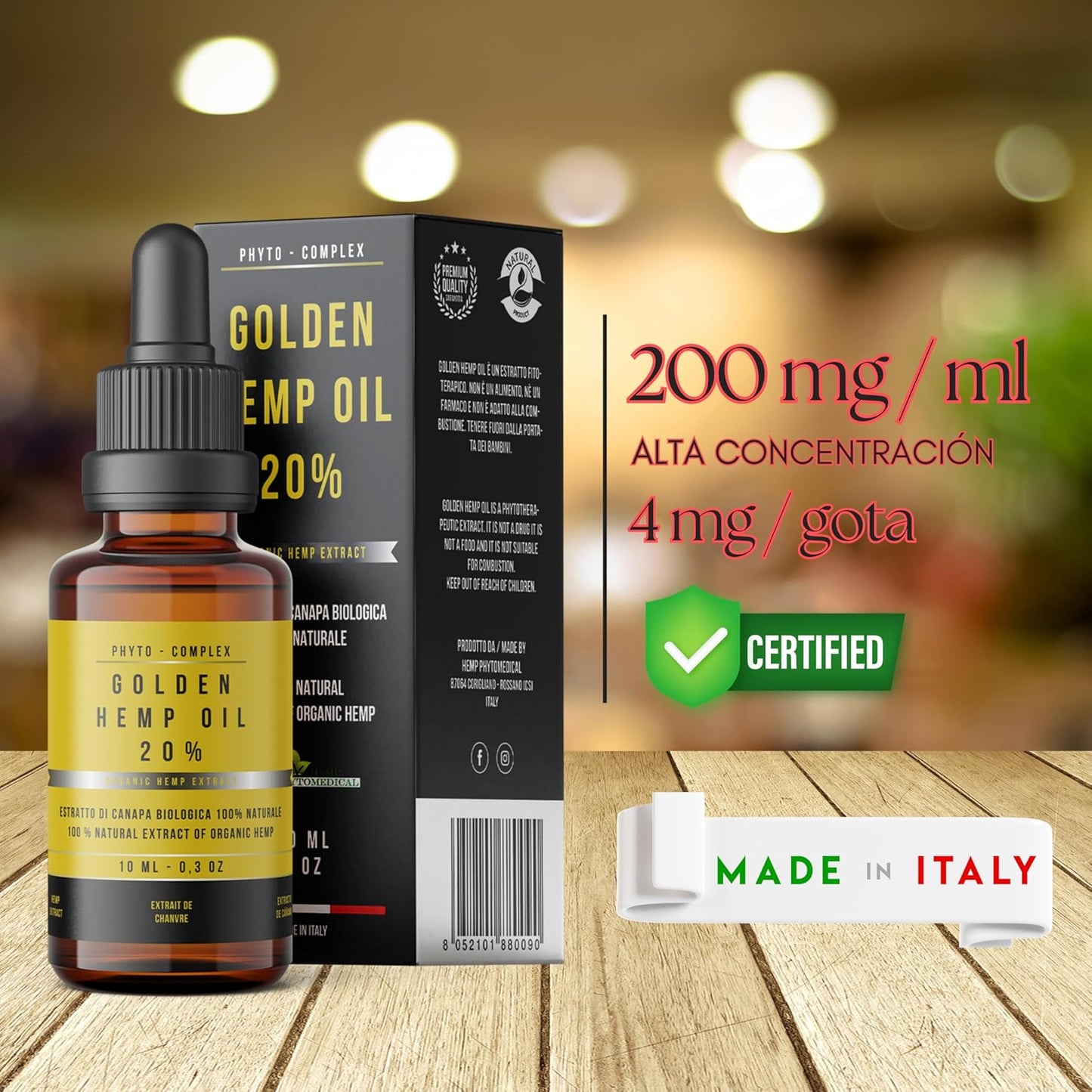 HEMP PHYTOMEDICAL Golden Hemp Oil 20% Hochkonzentriertes natürliches und reines Hanföl (200 mg/ml) ohne Chemikalien