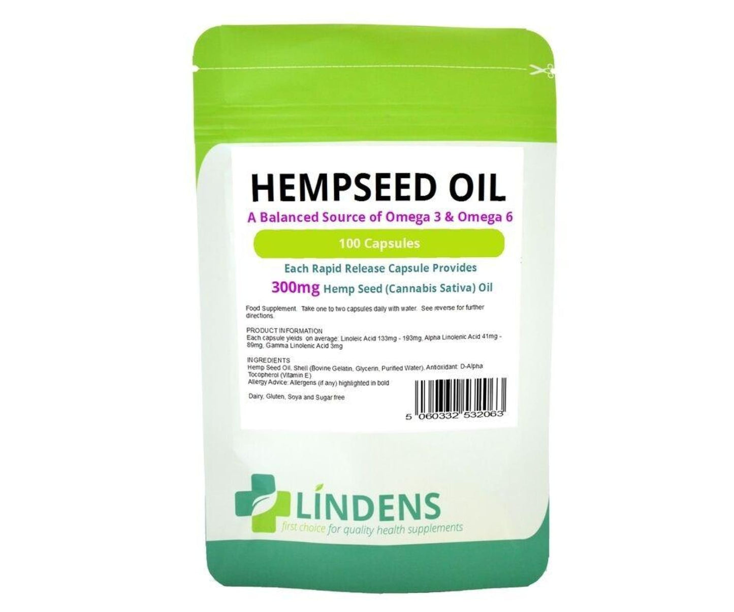 Hanf und Hemp - Lindens Hanfsamenöl 300mg 100 Kapseln Omega 3 6 Hanfsamen - Fettsäuren - Stress
