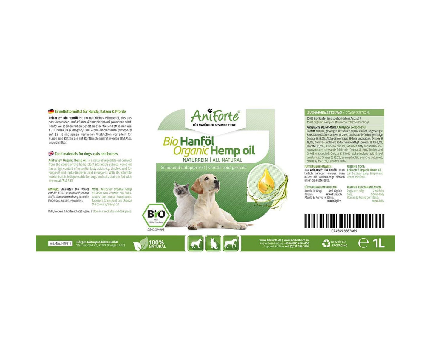 AniForte - AniForte kaltgepresstes Bio Hanföl 1L- Naturprodukt für Hunde Katzen und Pferde