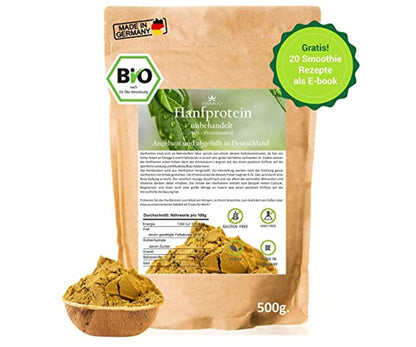 Hanf und Hemp - BIO Hanfprotein 1kg + Gratis Smoothie Rezeptbuch (E-Book) - Eiweiß aus Hanfsamen DE