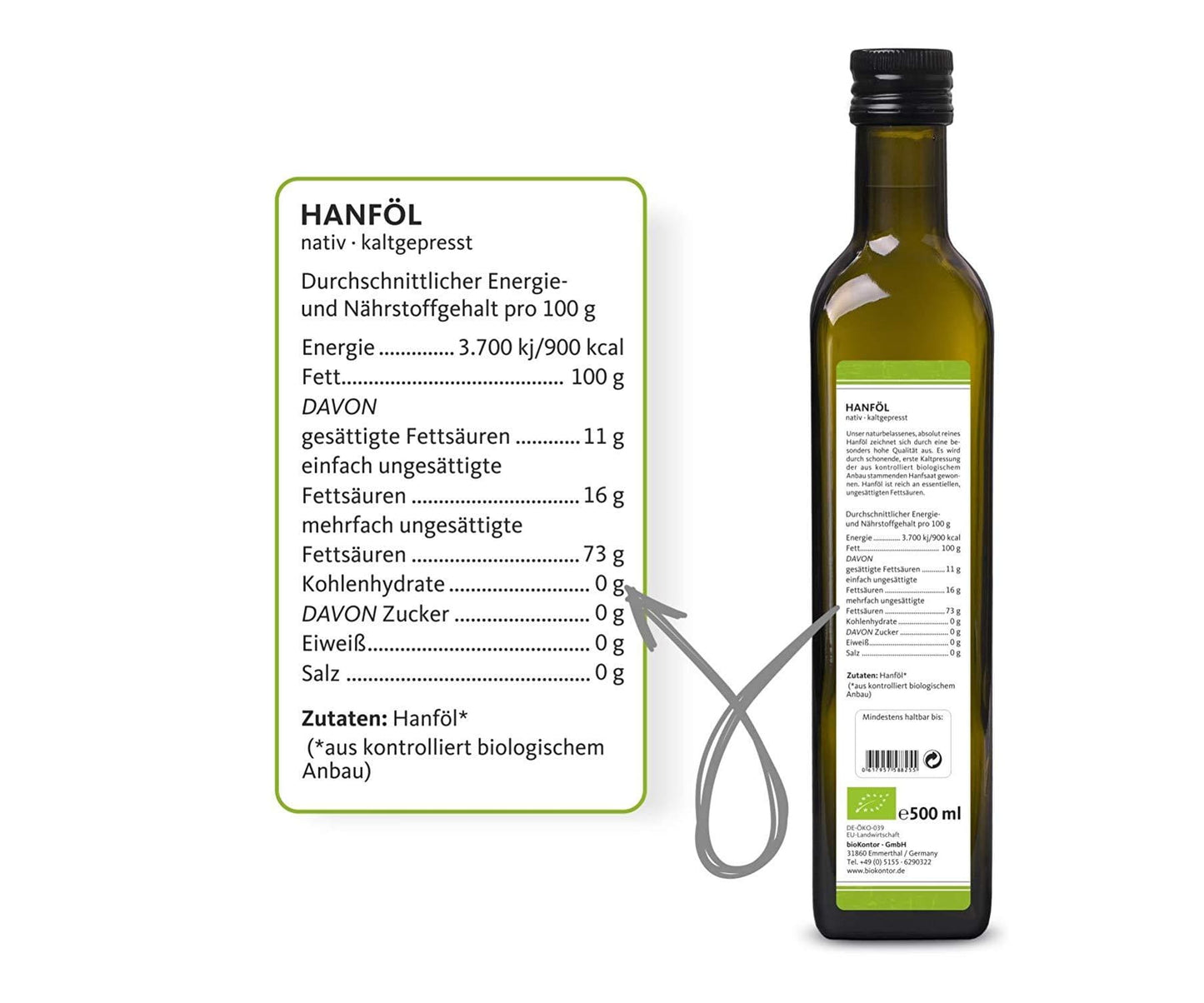 bioKontor - bioKontor BIO Hanföl - nativ kaltgepresst reich an Omega-3-Fettsäuren - 500ml