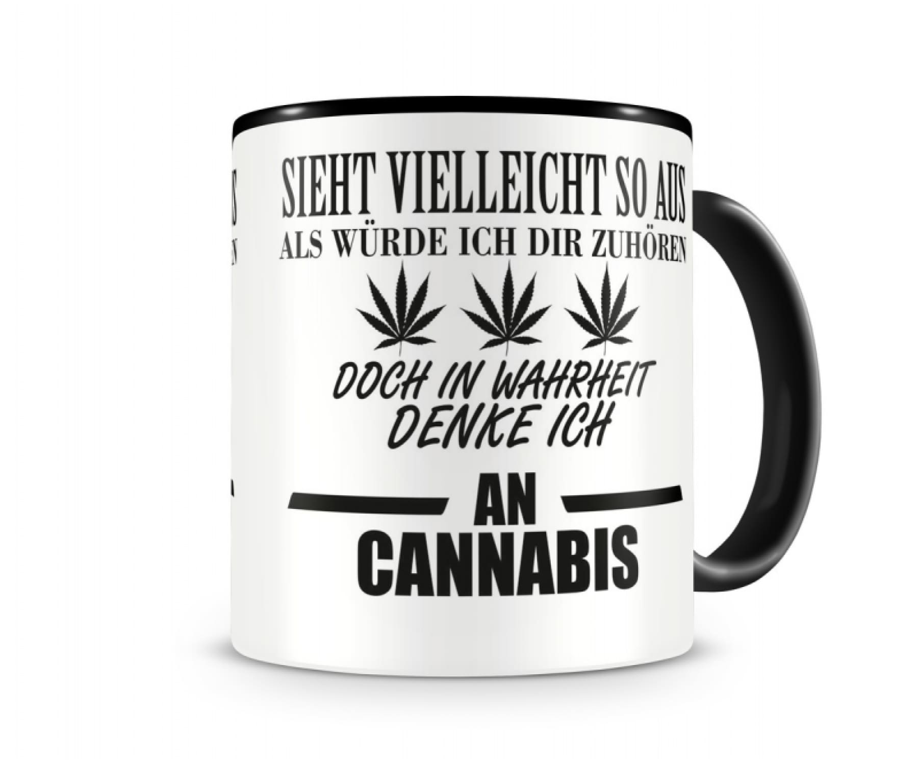 Hanf und Hemp - Ich denke an Cannabis Tasse Kaffeetasse (schwarz / schwarz H:95mm / D:82mm)