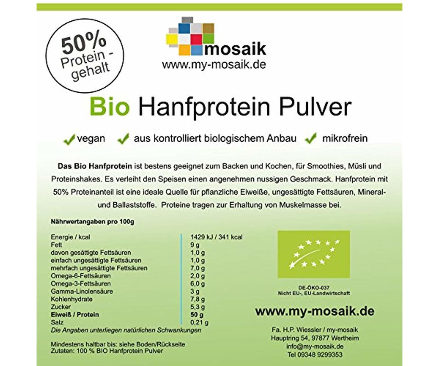 my-mosaik - my-mosaik Bio Hanfprotein 50% Eiweiß - 500g - Muskelaufbau und Energiezufuhr