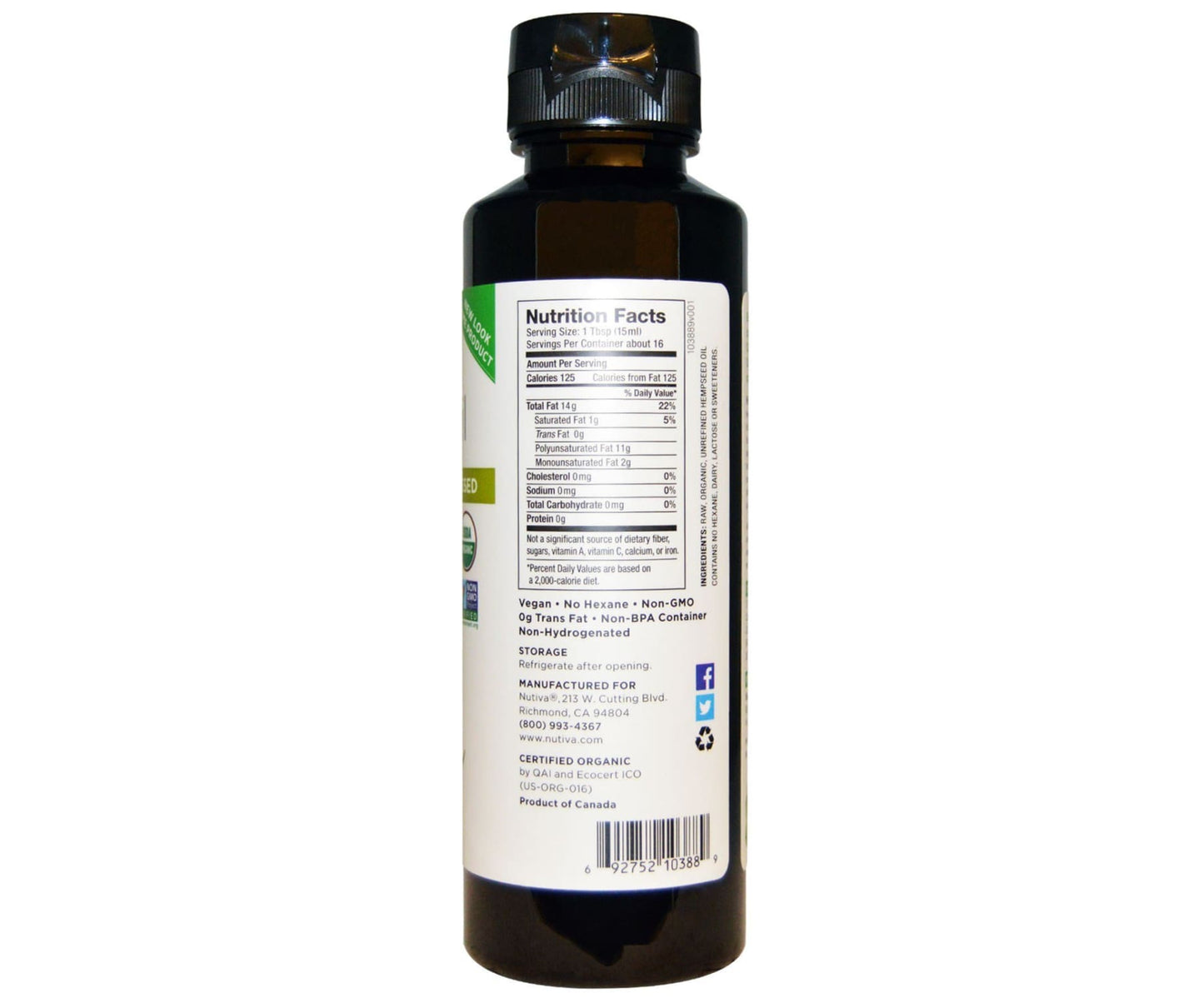 Nutiva - Nutiva Bio-Hanföl kaltgepresst 24 fl oz (236 ml)
