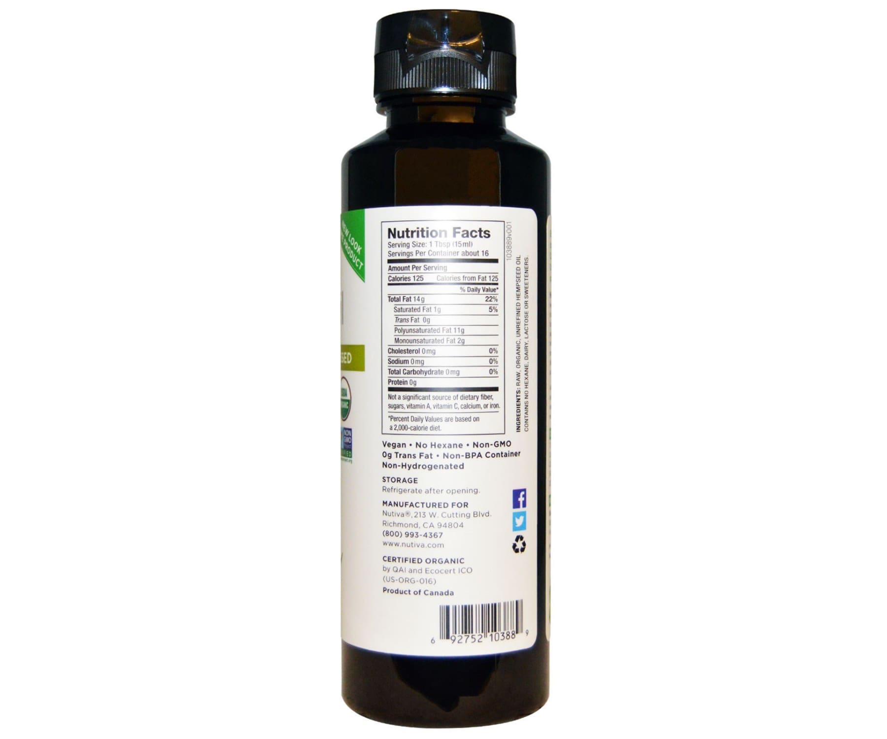 Nutiva - Nutiva Bio-Hanföl kaltgepresst 24 fl oz (236 ml)