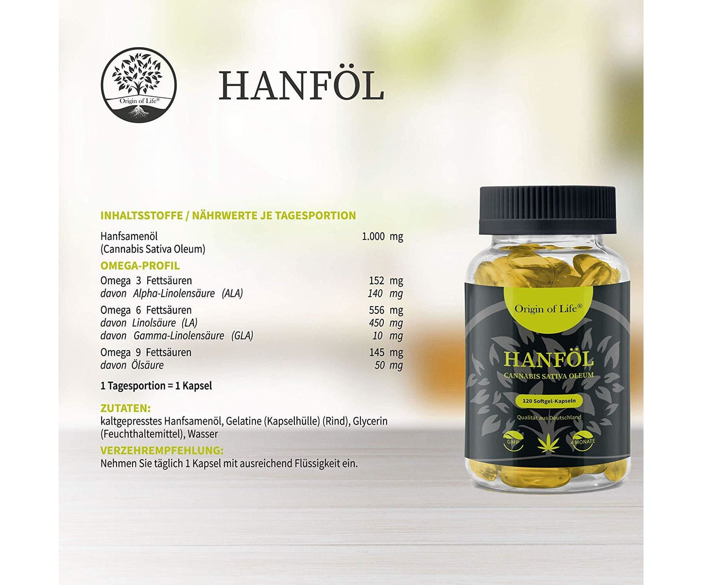 Hanf und Hemp - Origin of Life HANFÖL 120 Kapseln Cannabis Sativa