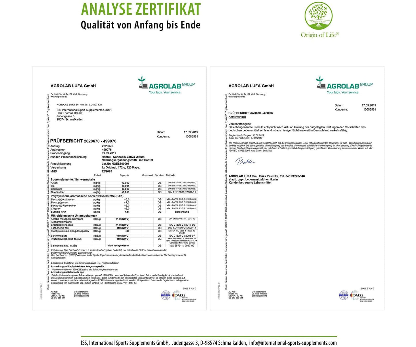 Hanf und Hemp - Origin of Life HANFÖL 120 Kapseln Cannabis Sativa