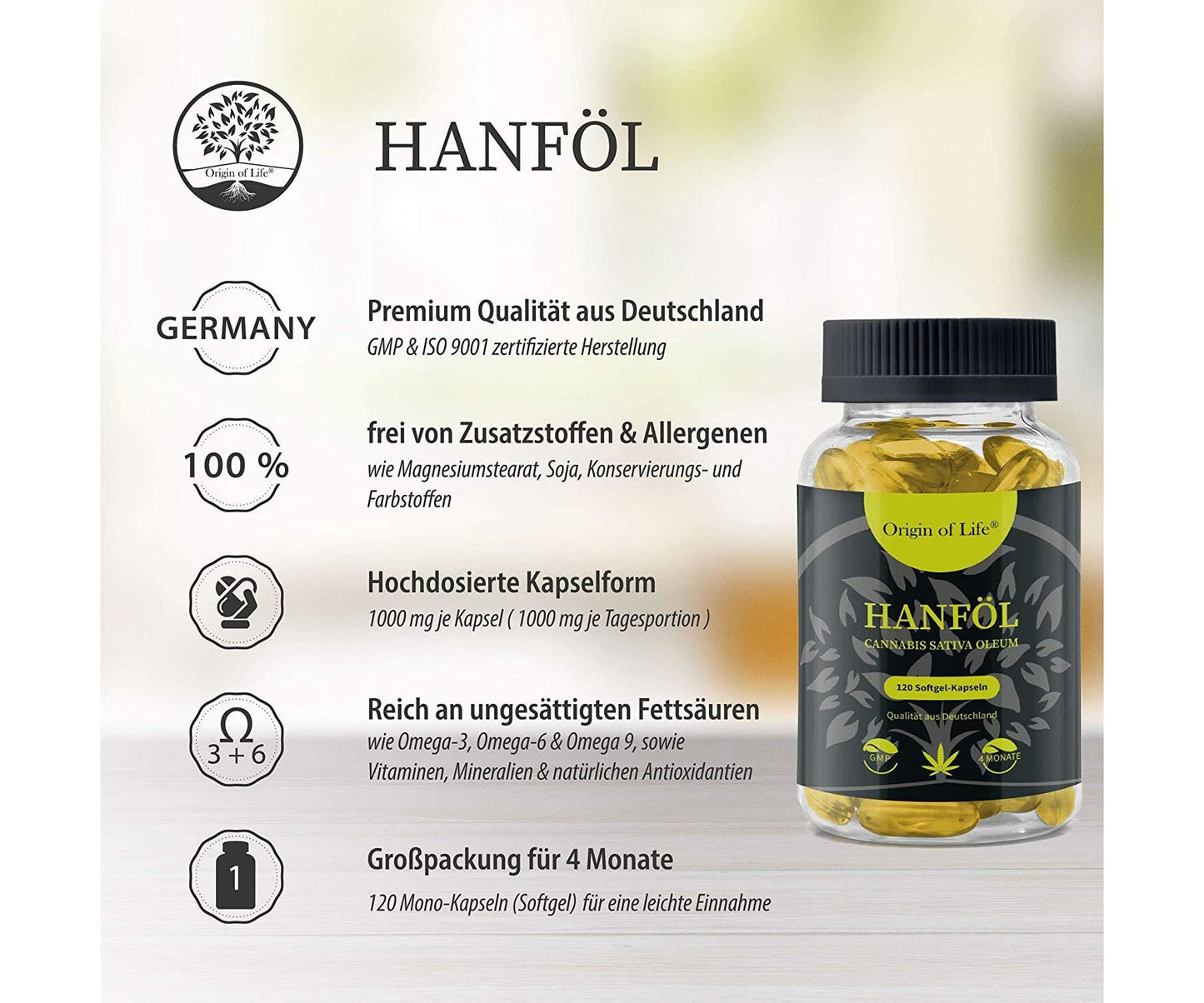 Hanf und Hemp - Origin of Life HANFÖL 120 Kapseln Cannabis Sativa