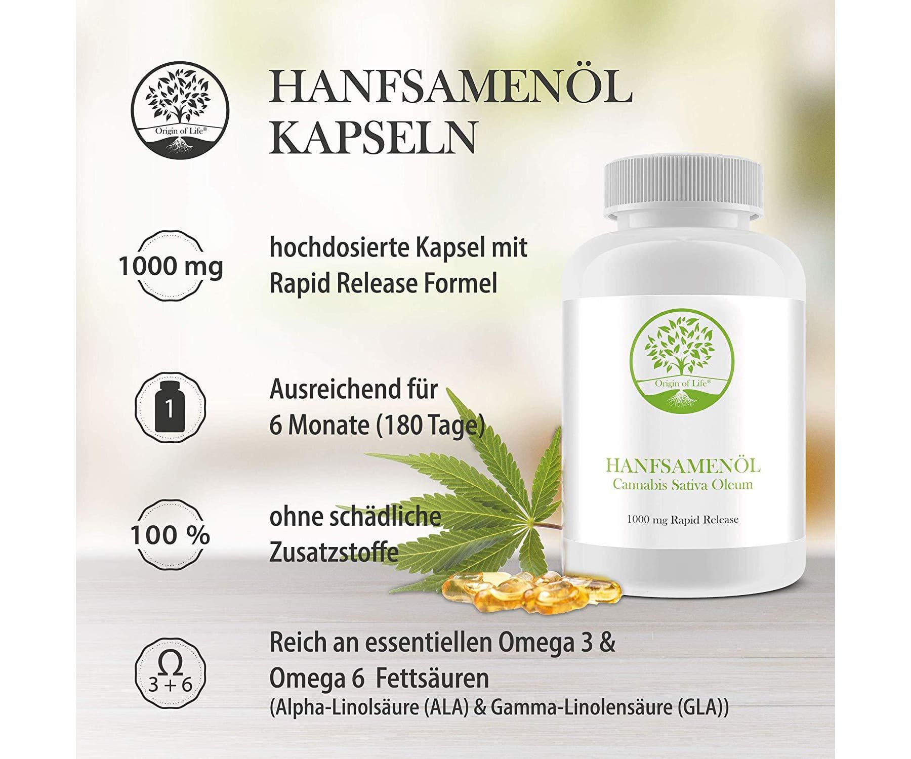 Hanf und Hemp - Origin of Life Hanföl 180 Softgel Kapseln à 1000mg
