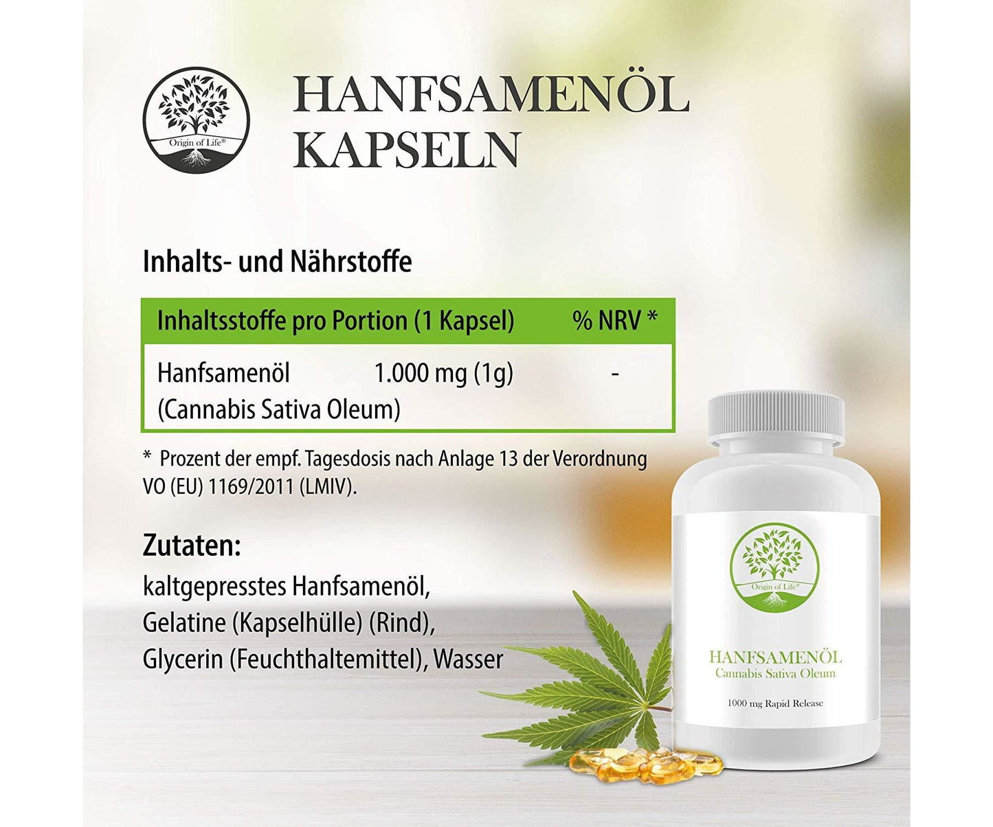 Hanf und Hemp - Origin of Life Hanföl 180 Softgel Kapseln à 1000mg