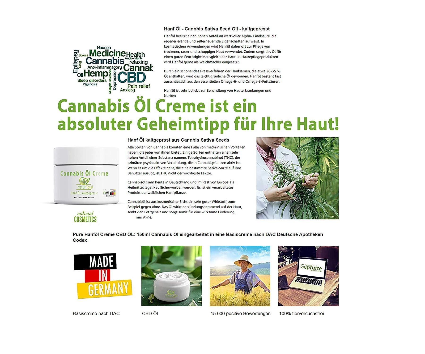 Hanf&Hemp - Pure Hanföl Creme CB ÖL: 150ml Cannabis Öl - Schmerz Gel - Hautpflege