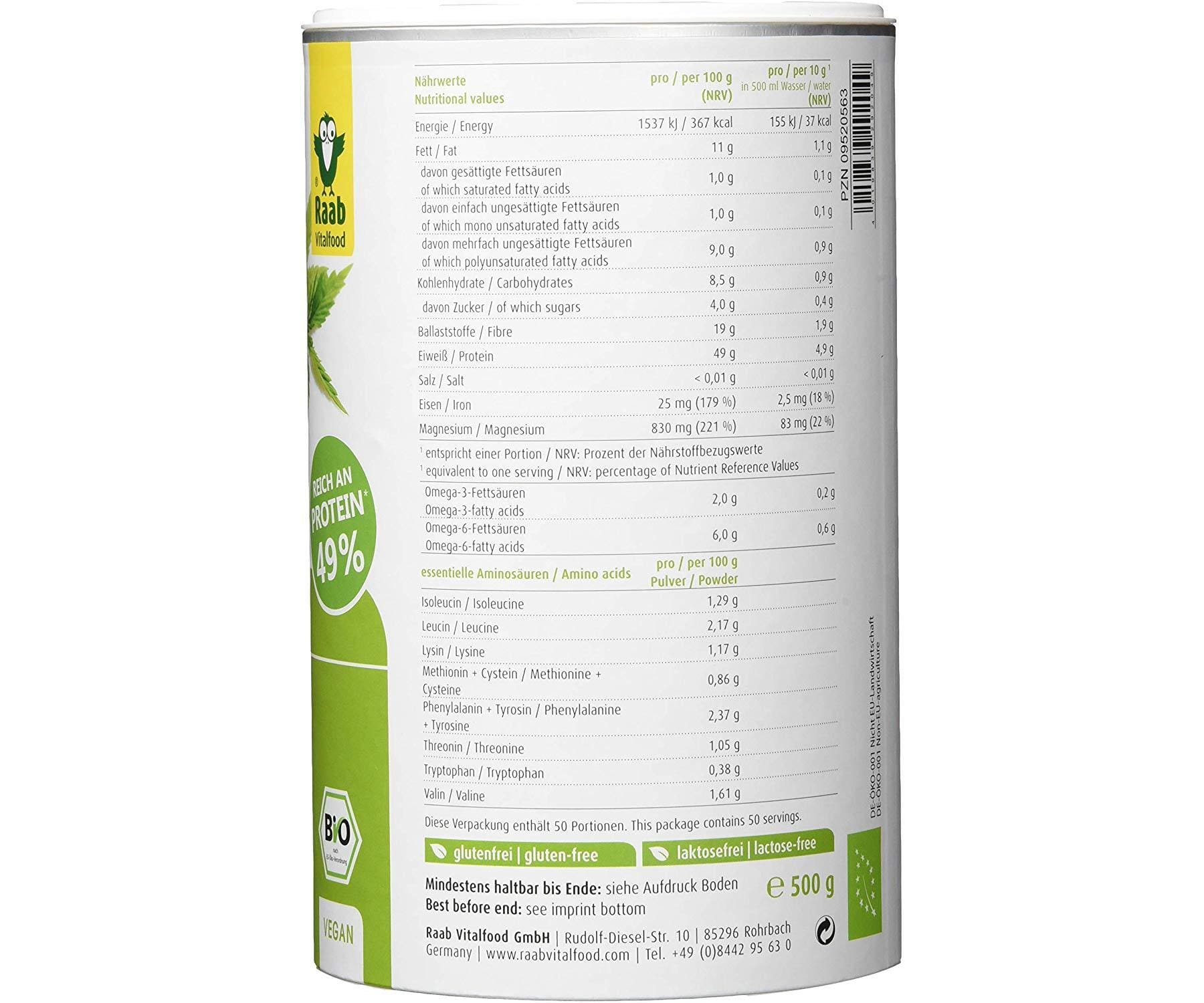 Hanf und Hemp - Raab Vitalfood Bio Hanf Protein 500g - Pflanzlich