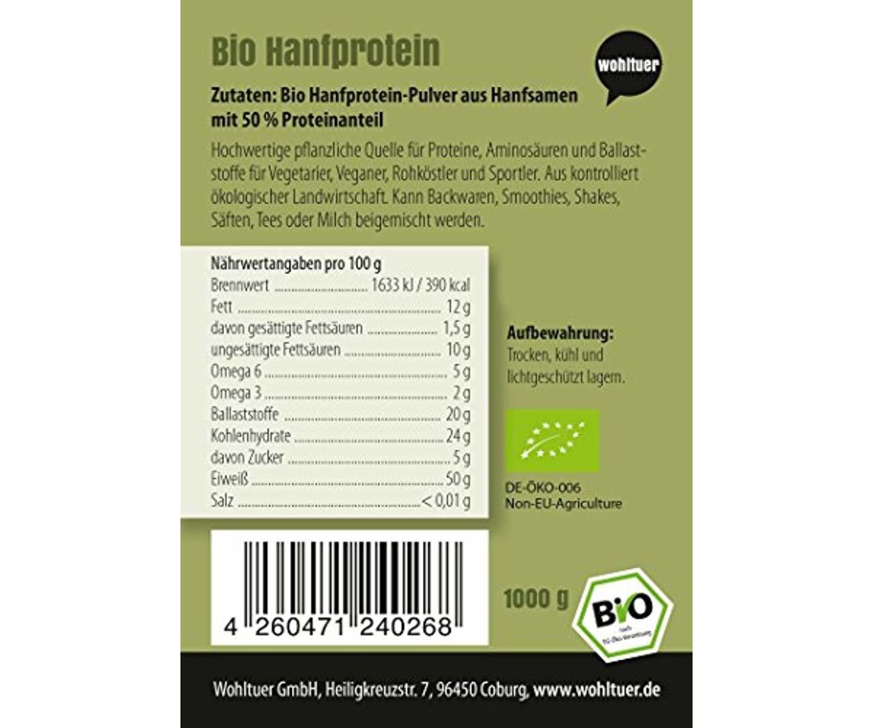 Wohltuer - Wohltuer Bio Hanfprotein - 100% Pflanzliches Protein - Vegan - Muskelaufbau Fitness